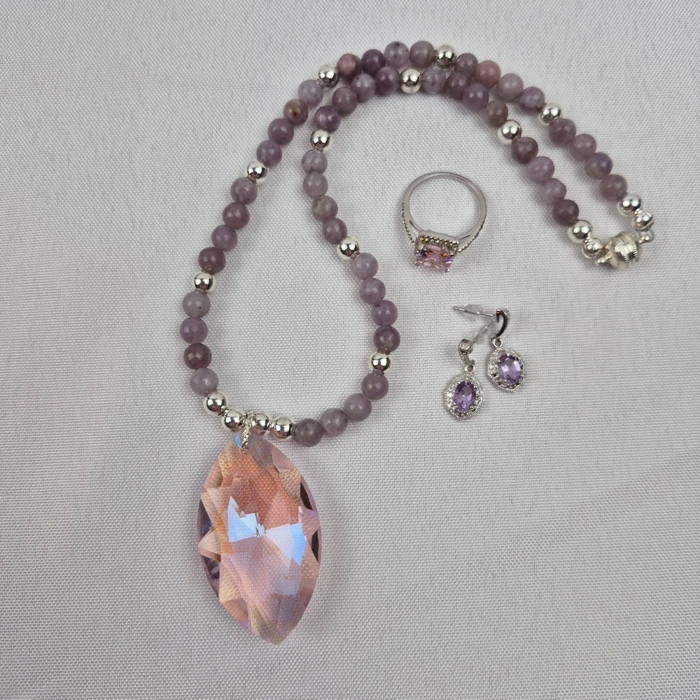 Pink Faceted Sparkling Crystal Marquise Statement Necklace Set Earrings Ring